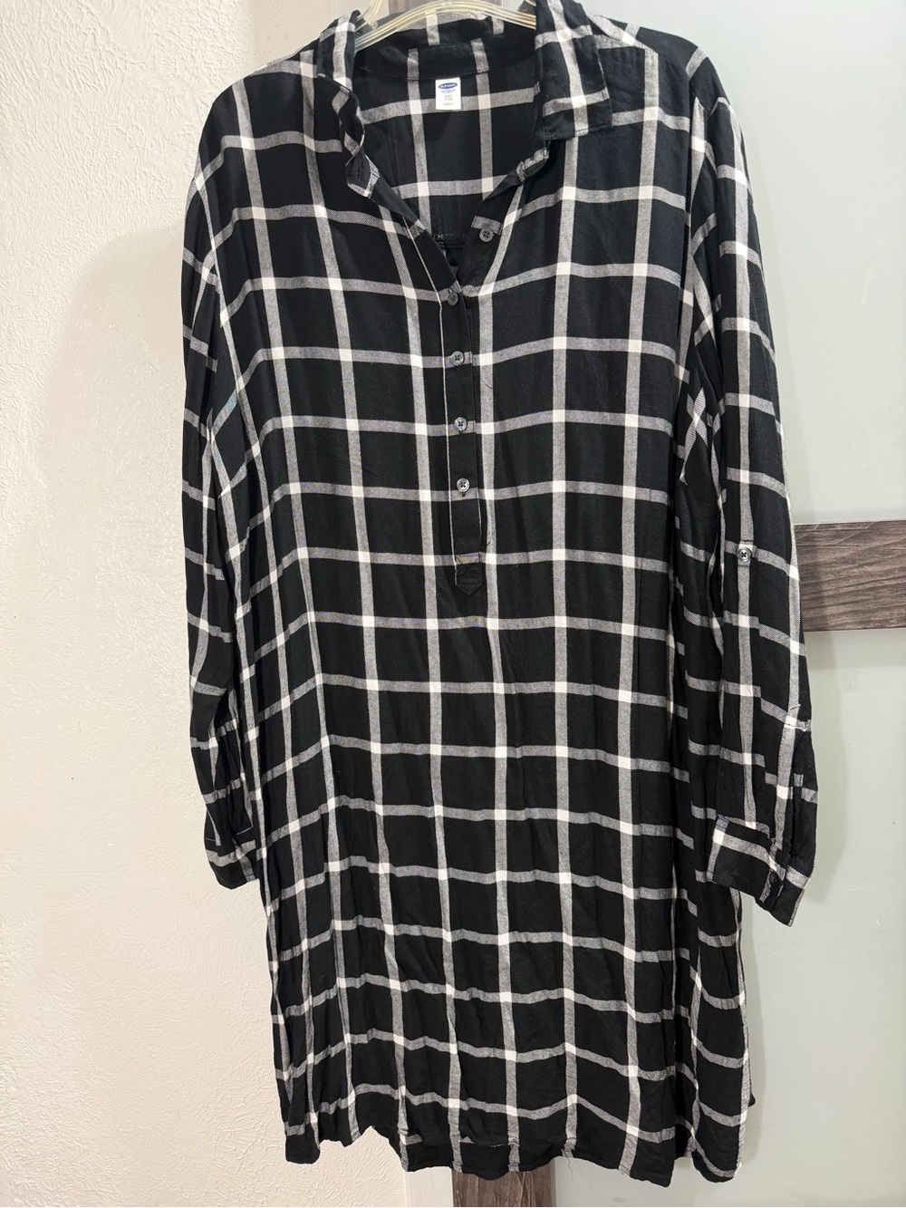 Old Navy Black & White Plaid Tunic Shirt Dress Long Sleeve